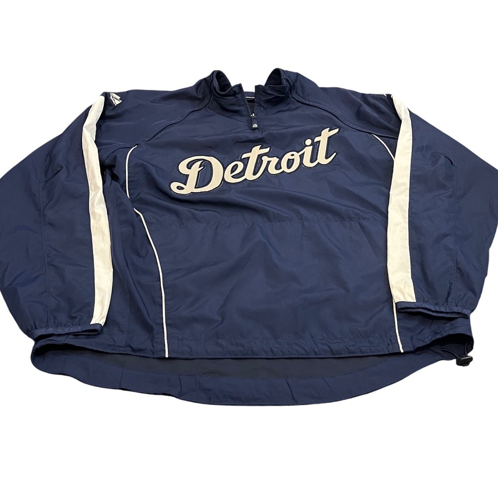 Majestic Detroit Tigers Windbreaker Mens L Navy Blue 1/4 Zip Pullover Jacket